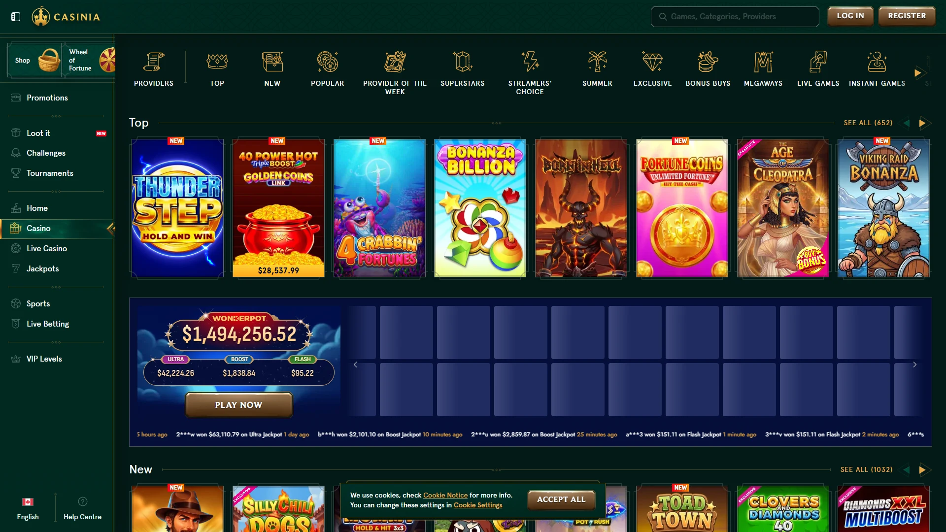 Casinia game lobby